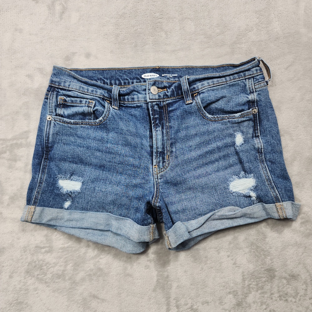 Old Navy Shorts Womens 8 Blue Boyfriend Mid Rise Denim Distressed Cuffed Casual